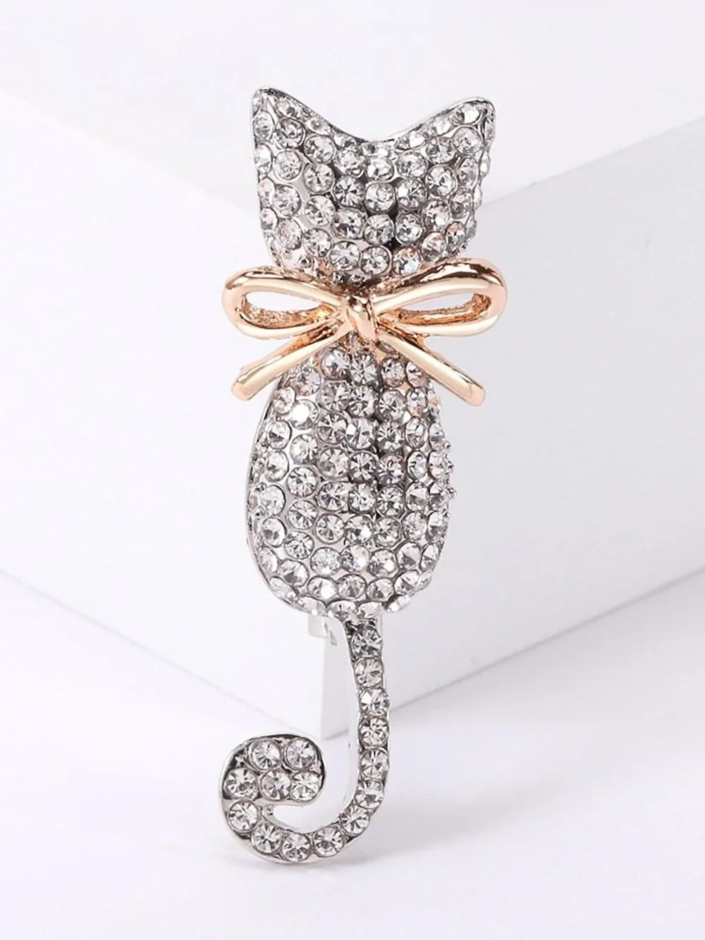 Sparkling Silver Cat Brooch with Gold Bow
